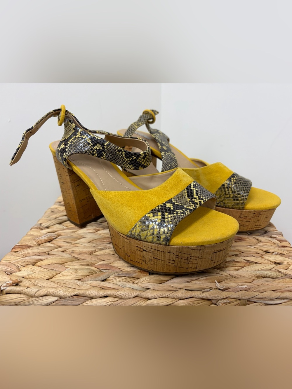 Geox Yellow Suede Platform Sandals with Snakeskin Straps